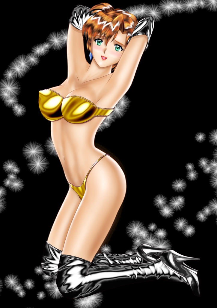 1girl agent_aika aika_(series) arms_up bikini blush boots breasts collarbone earrings female_focus gloves high_heel_boots high_heels jewelry lipstick makeup solo sumeragi_aika swimsuit yellow_bikini yuusuke_(ziyasu)