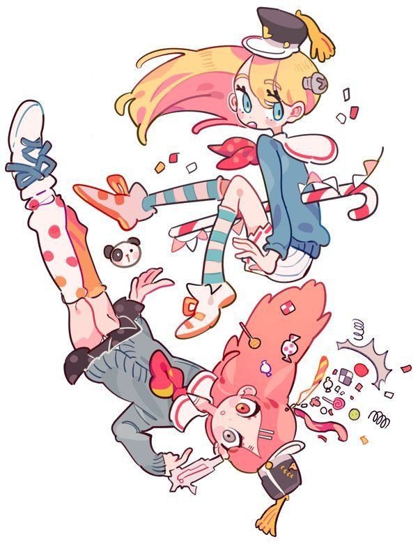 2girls :o black_headwear black_skirt blonde_hair blue_eyes blue_ribbon blue_shirt blue_sleeves blue_socks blush_stickers boots candy candy_cane collared_shirt collared_sweater commentary confetti dated_commentary dolman_(dm) eyelashes floating_hair food footwear_ribbon full_body garland_(decoration) grey_eyes grey_sleeves grey_sweater gun gun_to_head gyaru hair_ornament hairclip hat heterochromia high_ponytail holding holding_gun holding_weapon impaled kneehighs knees lollipop long_hair long_sleeves looking_at_viewer microskirt mini_hat mini_shako_cap miniskirt mismatched_socks multiple_girls neckerchief object_through_head open_mouth orange_ribbon orange_socks original pink_hair pleated_skirt polka_dot_necktie polka_dot_socks ponytail red_eyes red_neckerchief ribbon ribbon-trimmed_skirt ribbon_trim sailor_collar sailor_shirt screw_in_head shako_cap shirt shoes short_ponytail simple_background sitting skirt smile sneakers socks spring_(object) streamers striped_clothes striped_socks sweater teeth toy_gun two-tone_headwear two-tone_socks upper_teeth_only weapon white_background white_footwear white_headwear white_sailor_collar white_skirt white_socks