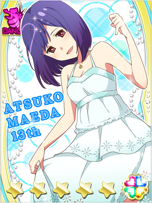 1girl :d akb0048 blue_background breasts card_(medium) character_name cowboy_shot dress hand_up head_tilt heart jewelry maeda_atsuko_(akb0048) medium_breasts necklace non-web_source official_art open_mouth purple_eyes purple_hair skirt_hold sleeveless sleeveless_dress smile solo sparkle standing star_(symbol) white_dress