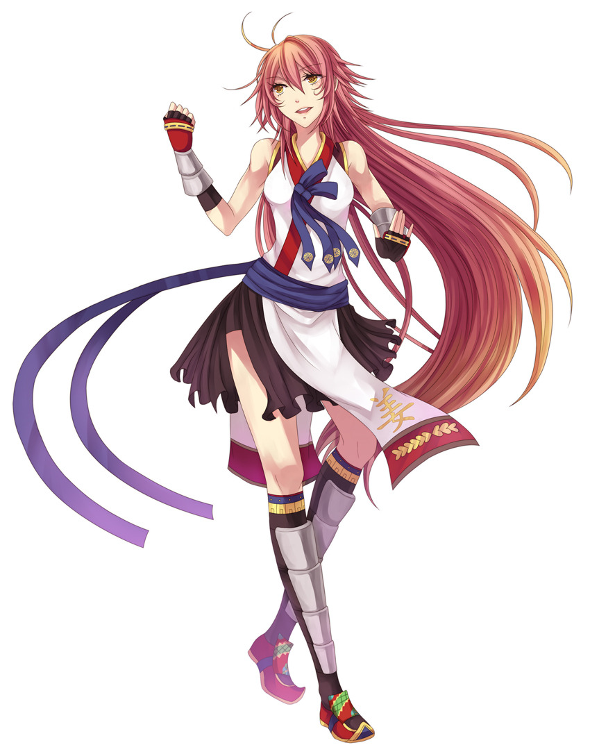 1girl black_skirt black_socks blue_sash blush breasts clenched_hand commentary english_commentary fingerless_gloves full_body gloves hair_between_eyes long_bangs long_hair looking_afar medium_breasts open_mouth pink_hair ragnarok_online red_shoes rinslette sash shin_guards shirt shoes simple_background skirt sleeveless sleeveless_shirt socks solo star_gladiator_(ragnarok_online) vambraces very_long_hair white_background white_shirt yellow_eyes