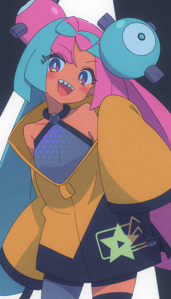 bow-shaped_hair character_hair_ornament cutefires fake_hair_bun grey_pantyhose hair_ornament hexagon_print iono_(pokemon) jacket long_hair low-tied_long_hair multicolored_hair nintendo oversized_clothes pantyhose pokemon pokemon_sv sharp_teeth single_leg_pantyhose sleeves_past_fingers sleeves_past_wrists split-color_hair teeth two-tone_hair very_long_sleeves x yellow_jacket