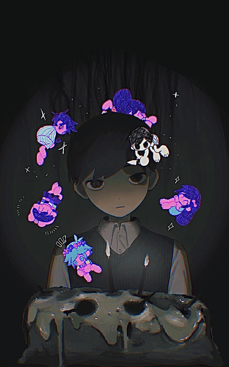 2girls 5boys aubrey_(headspace)_(omori) aubrey_(omori) barefoot basil_(headspace)_(omori) basil_(omori) black_eyes black_hair black_sweater_vest cake candle chibi clothes_lift collared_shirt colored_skin flower_pot food green_eyes green_hair hero_(headspace)_(omori) hero_(omori) highres holding holding_flower_pot holding_knife kel_(headspace)_(omori) kel_(omori) knife long_hair long_sleeves mari_(headspace)_(omori) mari_(omori) multiple_boys multiple_girls omori omori_(omori) pajamas plant potted_plant purple_eyes purple_hair shirt shirt_lift short_hair short_sleeves sunny_(omori) sweater_vest tate_ware_anal white_shirt white_skin