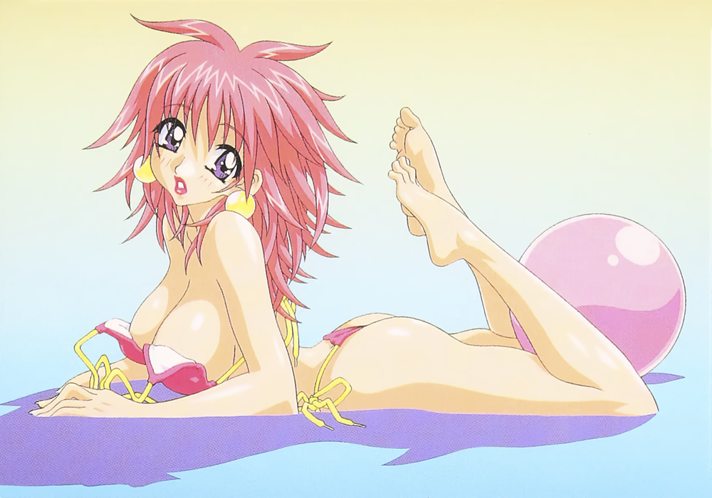 1girl ass ball barefoot between_legs bikini earrings gradient_background jewelry kotobuki_tsukasa lipstick long_hair long_sleeves looking_at_viewer lying makeup on_stomach original parted_lips pink_hair pink_lips purple_eyes scan side-tie_bikini_bottom solo swimsuit untied_bikini