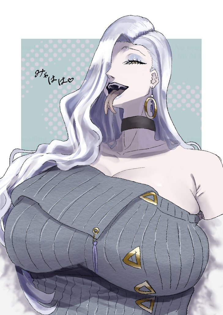 1girl bare_shoulders black_tongue blue_eyeliner blue_eyeshadow blue_lips breasts choker cleavage collarbone dress earrings eyeliner eyeshadow fate/grand_order fate_(series) grey_dress grey_eyeliner hair_over_one_eye hoop_earrings huge_breasts jacket jewelry long_hair looking_at_viewer makeup mmm_www666 off_shoulder mrs._snake_(fate) open_mouth purple_eyeliner ribbed_dress smile solo sweater sweater_dress tassel white_hair white_jacket yellow_eyes