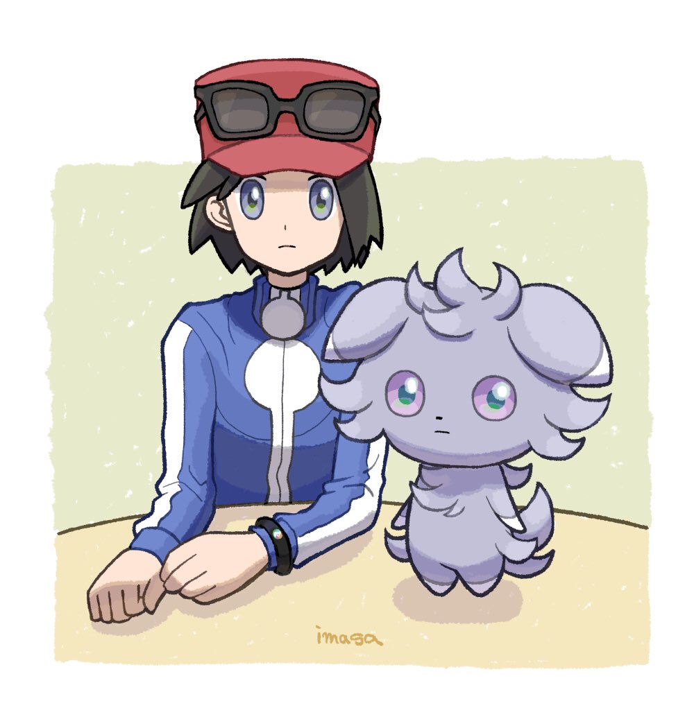 1boy black-framed_eyewear black_hair blue_jacket border calem_(pokemon) closed_mouth commentary espurr expressionless eyewear_on_headwear gen_6_pokemon grey_eyes hat im_i_masa imitating jacket long_sleeves male_focus mega_ring nintendo pokemon pokemon_(creature) pokemon_xy red_headwear short_hair signature sunglasses symbol-only_commentary table turtleneck turtleneck_jacket white_border