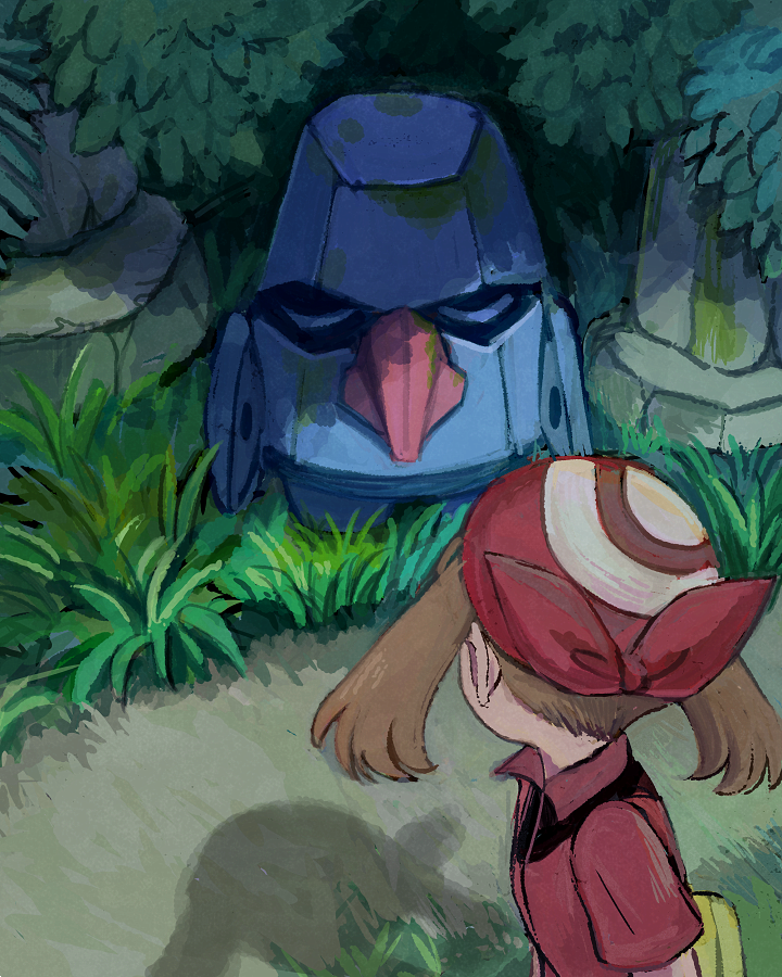1girl bandana brown_hair collared_shirt commentary_request fanny_pack game_freak gen_3_pokemon grass looking_to_the_side may_(pokemon) moss nintendo nosepass outdoors path pokemon pokemon_(creature) pokemon_rse popcorn_91 red_bandana red_shirt road shadow shirt short_sleeves yellow_bag