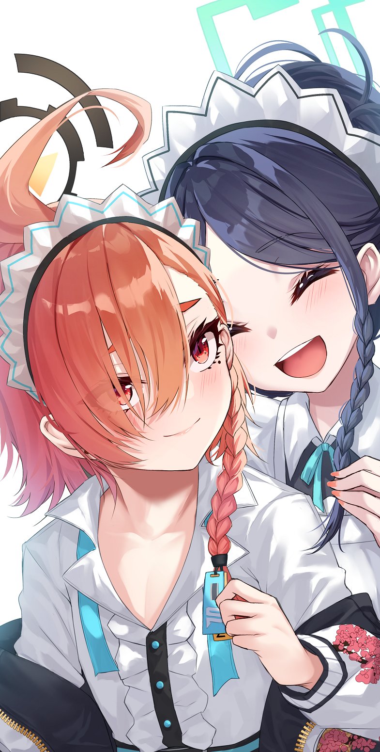 2girls ^_^ ahoge aris_(blue_archive) aris_(maid)_(blue_archive) asymmetrical_bangs black_hair blue_archive blush braid closed_eyes flat_chest hair_over_one_eye halo highres long_bangs maid maid_headdress merxkialis mole mole_under_eye multiple_girls neru_(blue_archive) official_alternate_costume open_collar orange_hair simple_background single_braid smile upper_body white_background