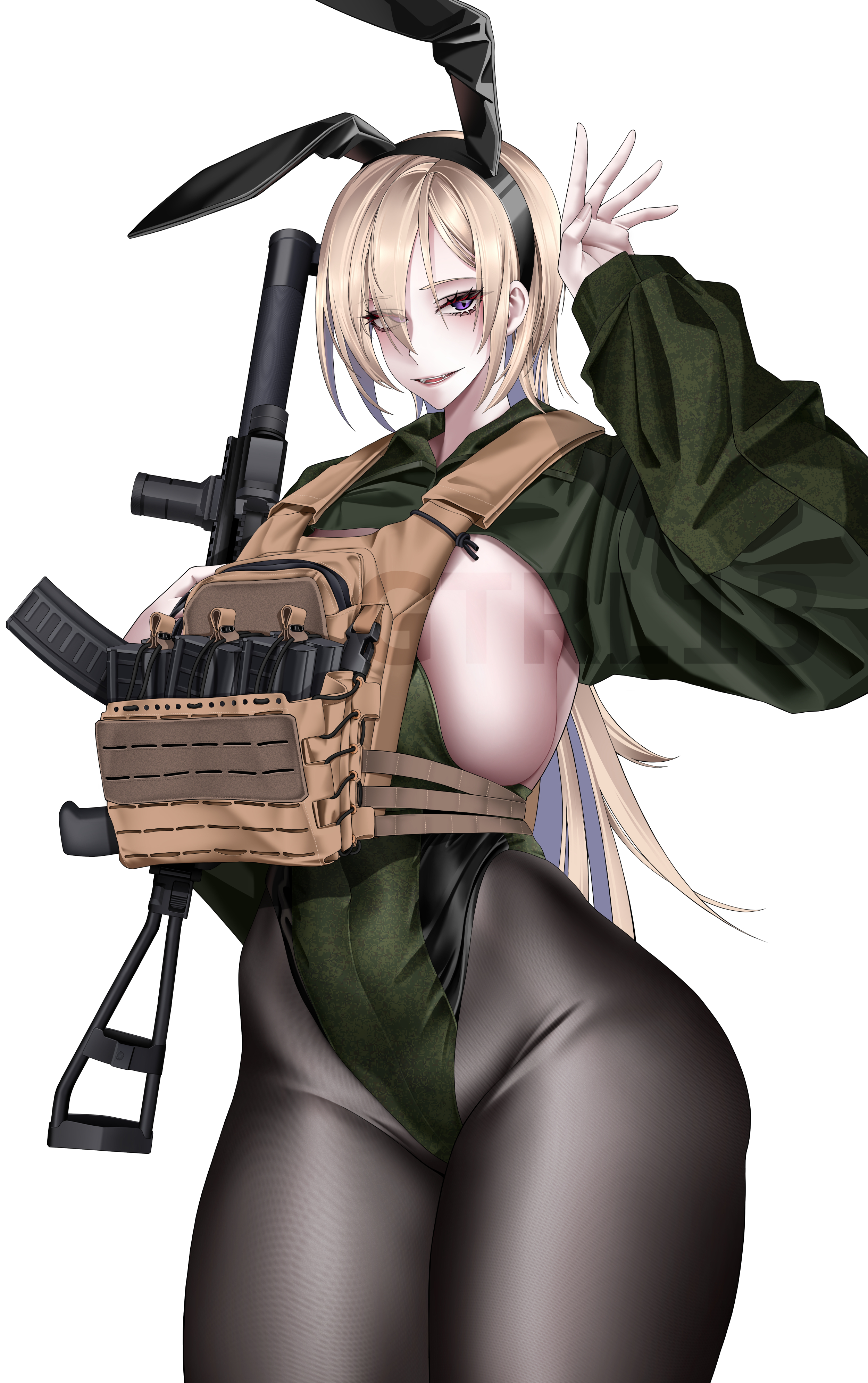 1girl absurdres animal_ears arm_up as_val assault_rifle blonde_hair breasts bulletproof_vest gun highres kalashnikov_rifle large_breasts leotard long_hair looking_at_viewer lutjens-chan magazine_(weapon) original pantyhose playboy_bunny purple_eyes rabbit_ears rifle weapon wide_hips
