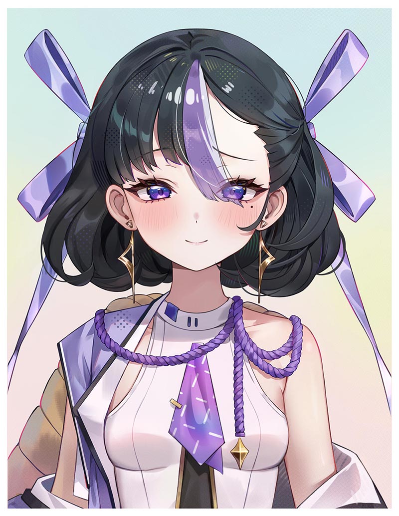 1girl bare_shoulders black_hair border breasts closed_mouth earrings goddess_of_victory:_nikke gradient_background hair_ribbon jacket jewelry looking_at_viewer mole mole_under_eye mrr_05 multicolored_hair neckerchief off_shoulder open_clothes open_jacket purple_eyes purple_hair purple_neckerchief raised_eyebrow ribbon rope shimenawa shirt short_hair sleeveless sleeveless_shirt small_breasts smile solo streaked_hair syuen_(nikke) two-tone_hair upper_body white_border white_jacket white_shirt