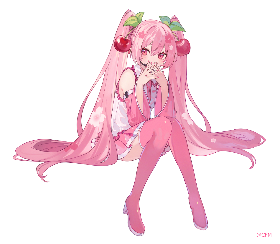 1girl bare_shoulders boots cherry_blossom_print cherry_hair_ornament commentary covering_own_mouth detached_sleeves figure_available floral_print food-themed_hair_ornament full_body hair_ornament hair_spread_out hand_to_own_mouth hatsune_miku hatsune_miku_(noodle_stopper) headset high_heels invisible_chair long_hair merchandise_available miniskirt necktie noodle_stopper official_art own_hands_together pink_boots pink_eyes pink_hair pink_nails pink_necktie pink_skirt pink_sleeves pink_thighhighs pleated_skirt sakura_miku sakura_miku_(noodle_stopper) shirt shugao sideways_glance simple_background sitting skirt sleeveless sleeveless_shirt solo thigh_boots thighhighs twintails very_long_hair vocaloid white_background white_shirt