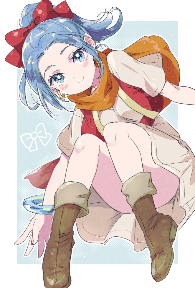 1girl blue_eyes blue_hair blush boots bow bracelet breasts closed_mouth dragon_quest dragon_quest_xi dress earrings full_body hair_bow hoop_earrings jewelry long_hair longdenkikettle looking_at_viewer maya_(dq11) medium_breasts parted_bangs ponytail red_vest sash scarf short_eyebrows short_sleeves smile solo vest