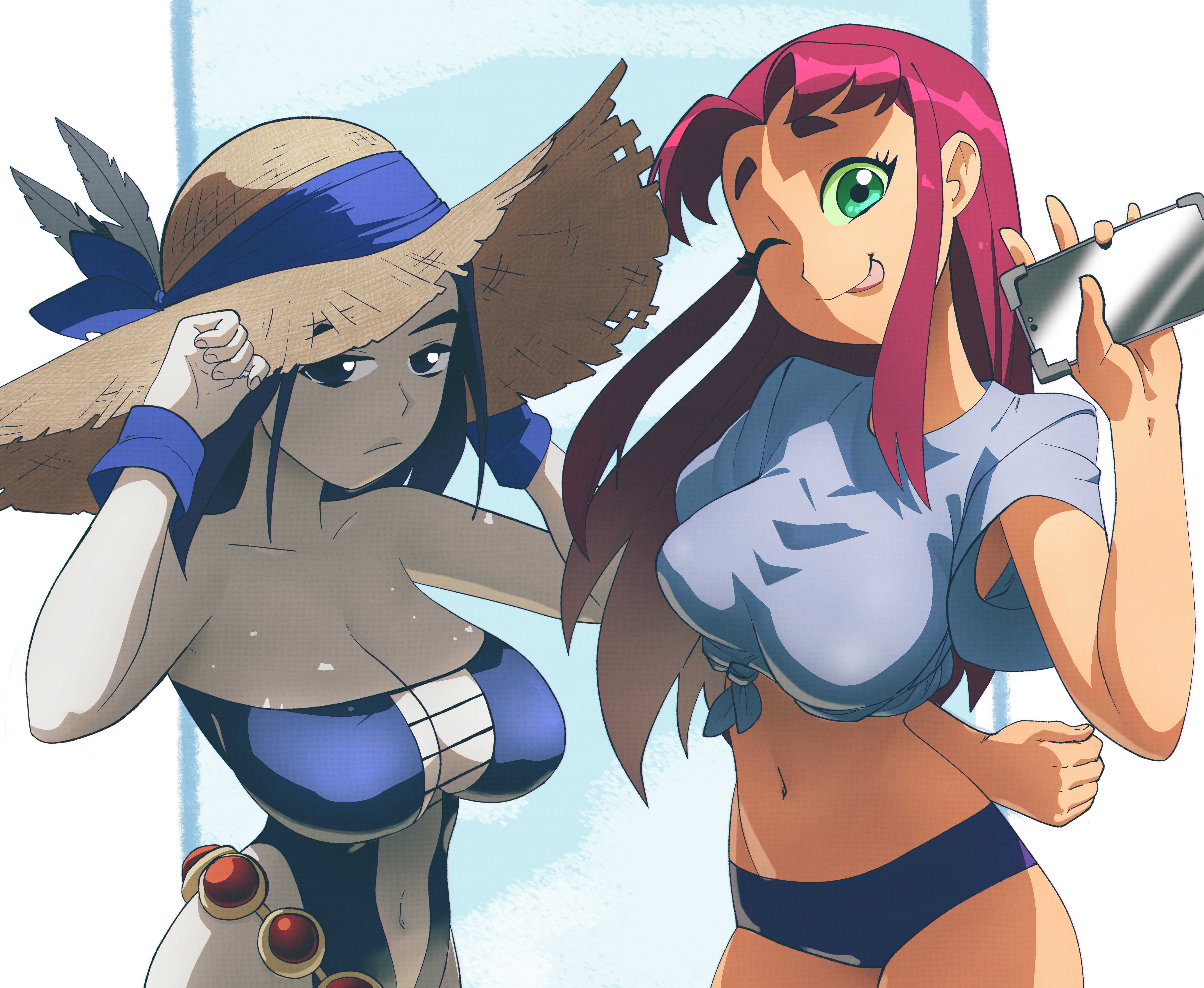2girls absurdres blue_eyes breasts cellphone dc_comics green_eyes hat highres inker_comics large_breasts long_hair multiple_girls navel one-piece_swimsuit phone raven_(dc) red_hair shirt starfire straw_hat sun_hat swimsuit teen_titans thighs white_shirt