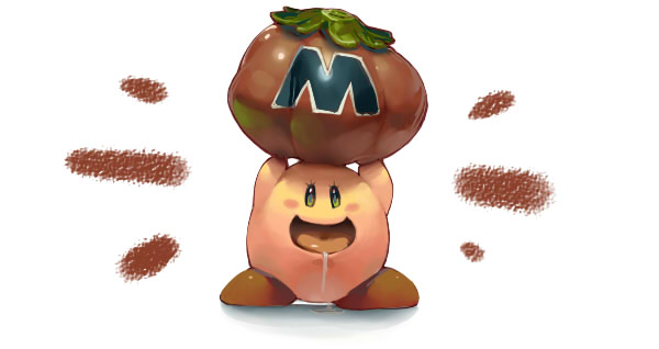 1boy ^_^ ^q^ blue_eyes blush blush_stickers closed_eyes eyelashes food kirby kirby&#039;s_dream_land kirby_(series) koki_(ryoushikiha) looking_at_viewer maxim_tomato nintendo no_humans open_mouth oversized_food oversized_object simple_background smile solo