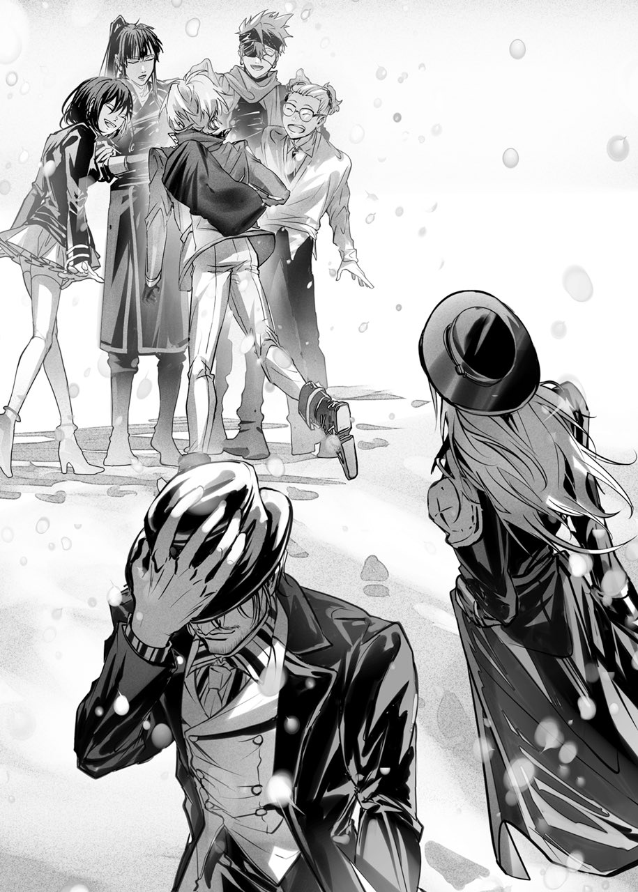 1girl 6+boys ainu allen_walker backpack bag black_coat black_hair black_hat black_order_uniform black_pants black_suit boots closed_eyes coat cross_marian d.gray-man earrings eyepatch facial_hair formal_clothes grey_coat greyscale hand_on_own_hat hat headband high_heels highres imadog_sowhat jewelry johnny_gill kanda_yuu lavi lenalee_lee light_smile long_hair mana_walker miniskirt monochrome multiple_boys necktie open_mouth pants pleated_skirt ponytail scarf shirt short_hair skirt smile suit sweater_vest thighhighs white_hair white_pants wristband