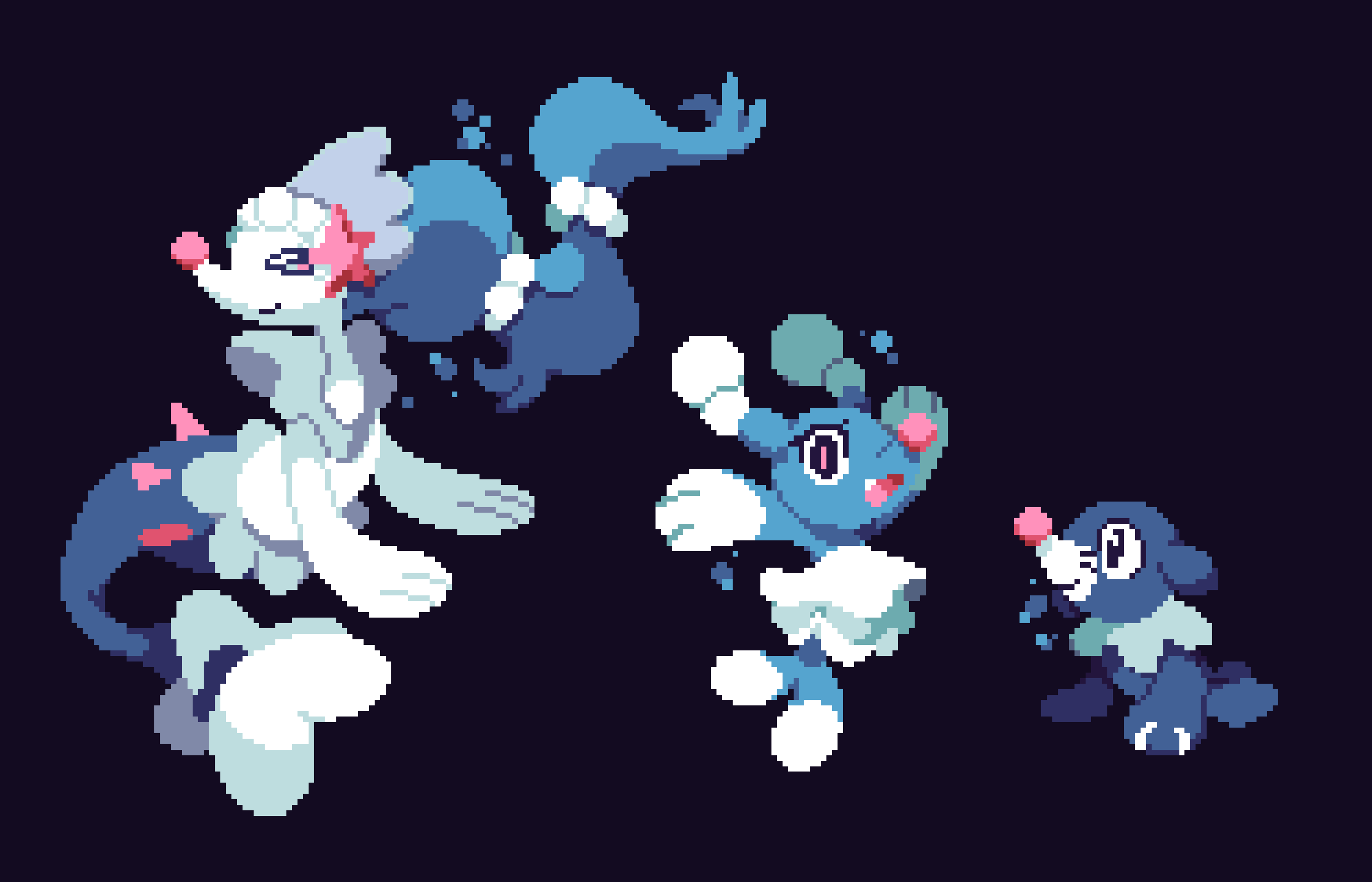 black_eyes blue_background blue_hair brionne bubble evolutionary_line fang fangs fins gem gen_7_pokemon hair_ornament hat highres looking_at_viewer nintendo pearl_(gemstone) pokemon pokemon_(creature) popplio primarina simple_background smile spikes vensprites