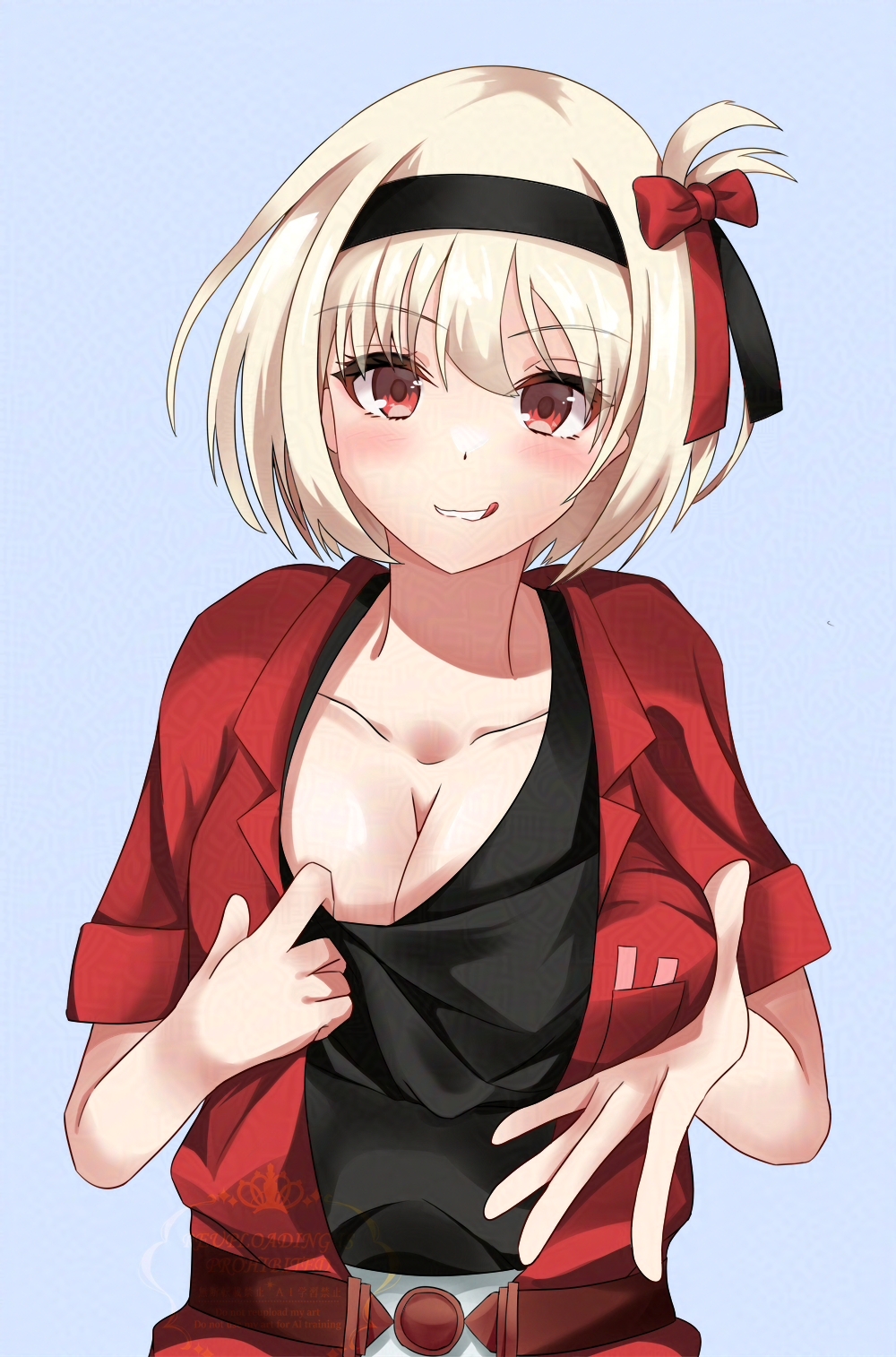 1girl black_hairband black_shirt blonde_hair blue_background bow breasts cleavage collarbone grabbing_own_breast hair_bow hairband hayaki_hisui highres jacket large_breasts licking_lips looking_at_viewer lycoris_recoil nishikigi_chisato parted_lips red_bow red_eyes red_jacket shirt short_hair short_sleeves simple_background solo tongue tongue_out upper_body