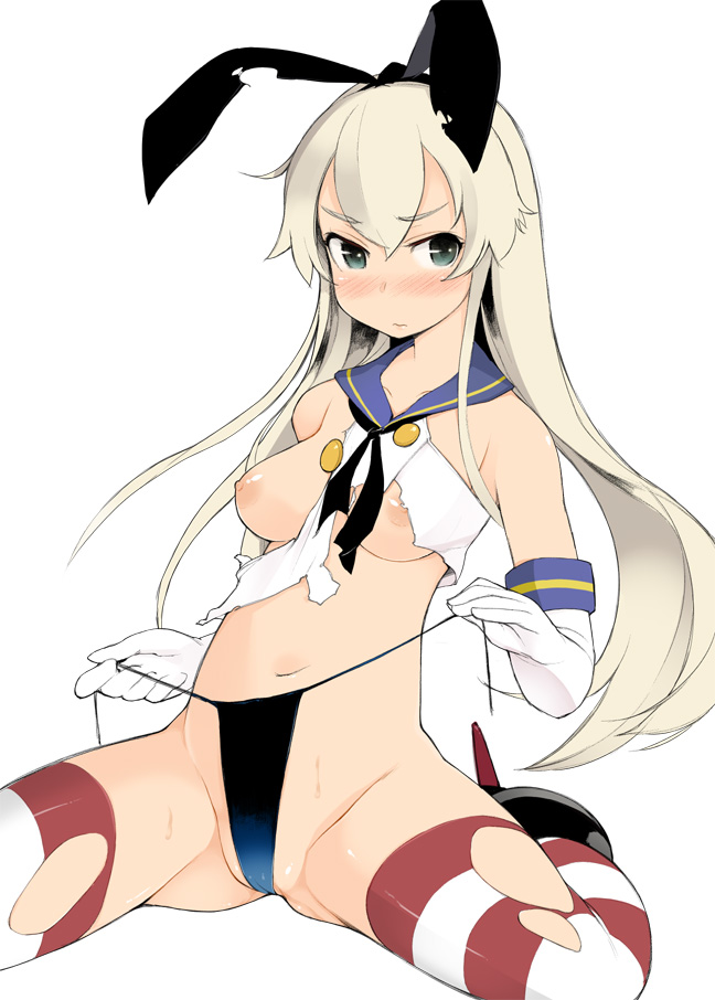10s 1girl bad_id bad_pixiv_id black_eyes black_panties blonde_hair blush breasts elbow_gloves female_focus gloves hairband kantai_collection long_hair looking_at_viewer navel nipples panties partially_visible_vulva personification shimakaze_(kancolle) side-tie_panties solo spread_legs striped_clothes striped_thighhighs thighhighs topo_(bacchustab) topo_bevitore torn_clothes torn_thighhighs underwear