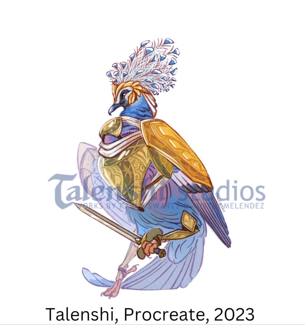 1girl animal animal_focus armor armored_animal artist_name bird breastplate brown_eyes closed_mouth clothed_animal commentary crowned_pigeon dated english_commentary english_text full_body gold_armor holding holding_sword holding_weapon holding_with_feet kstalenshi leg_armor no_humans original ornate_armor pigeon plate_armor procreate_(medium) simple_background smile standing standing_on_one_leg strap sword victoria_crowned_pigeon watermark weapon white_background wing_armor