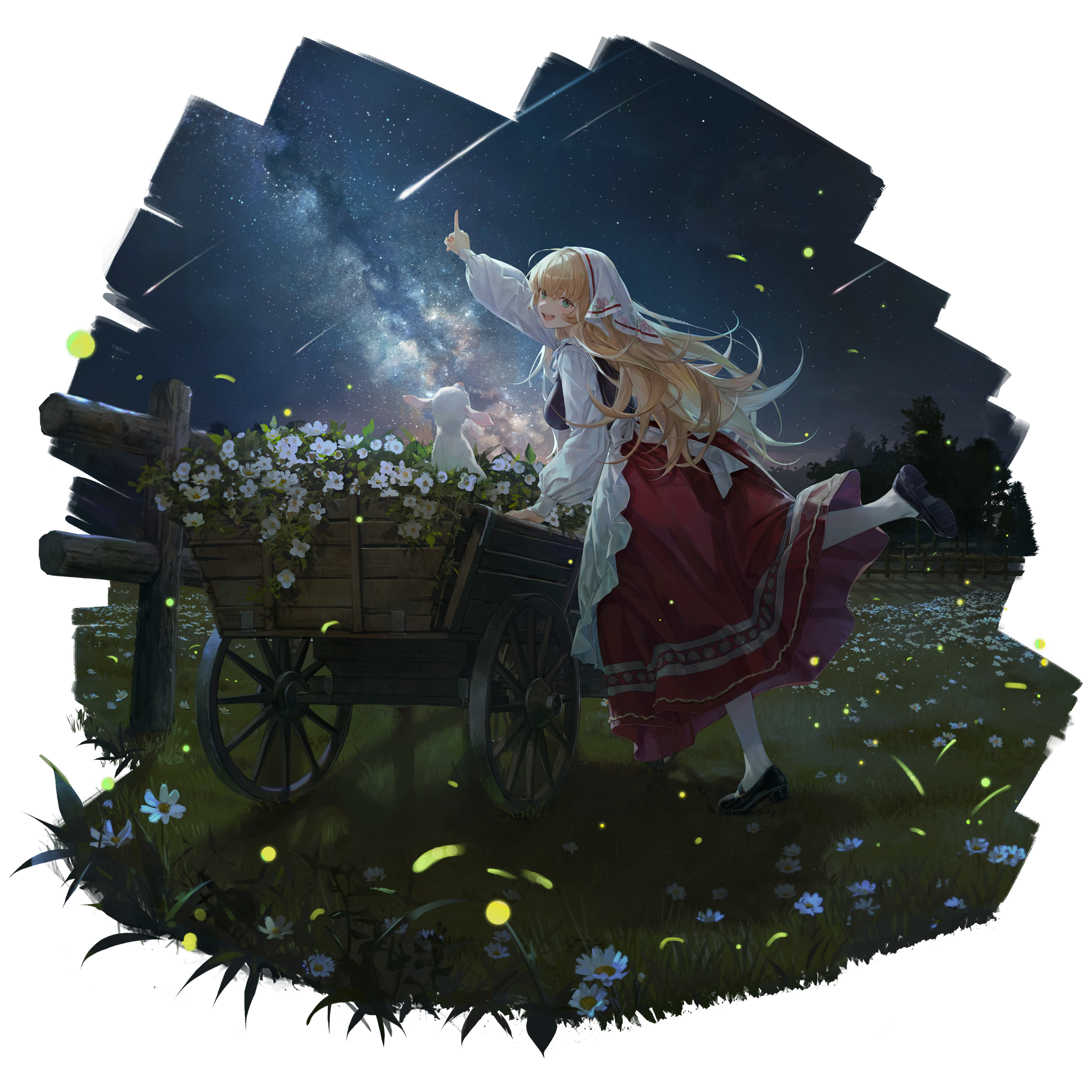 1girl :d apron baby_animal black_shoes black_vest blonde_hair breasts daisy_(flower) fang fence field flower from_side full_body girls&#039;_frontline grass highres index_finger_raised lamb large_breasts leaning_on_object light_particles long_hair long_sleeves looking_at_viewer mary_janes meadow nin_(lion) official_alternate_costume official_art open_mouth outdoors pantyhose red_skirt s.a.t.8_(ballad_of_twilight_blossoms)_(girls&#039;_frontline) s.a.t.8_(girls&#039;_frontline) shadow sheep shirt shoe_soles shoes shooting_star skirt sky smile solo standing standing_on_one_leg teeth third-party_source transparent_background tree upper_teeth_only veil very_long_hair vest wagon white_apron white_pantyhose white_shirt white_veil wooden_fence