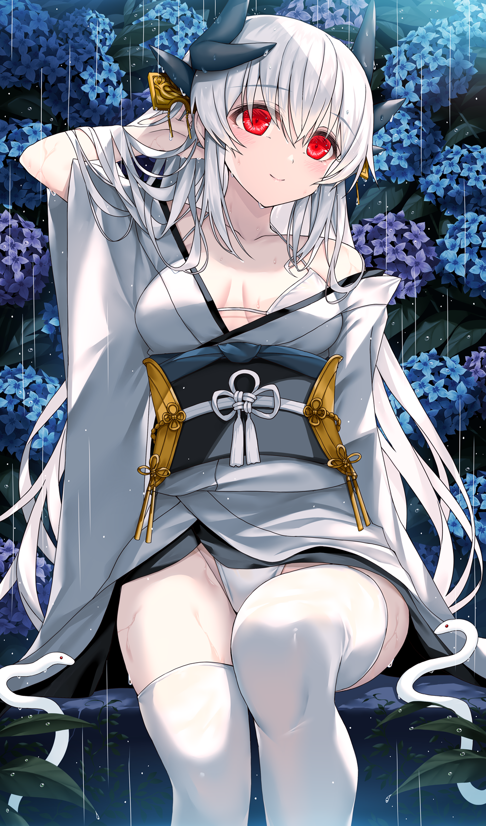 1girl blush breasts cleavage closed_mouth dragon_girl dragon_horns fate/grand_order fate_(series) flower hair_ornament hand_in_own_hair highres horns japanese_clothes kimono kiyohime_(fate) kiyohime_(third_ascension)_(fate) long_hair long_sleeves looking_at_viewer medium_breasts morizono_shiki panties rain red_eyes sitting smile solo thighs underwear wet white_hair white_kimono white_legwear white_panties wide_sleeves