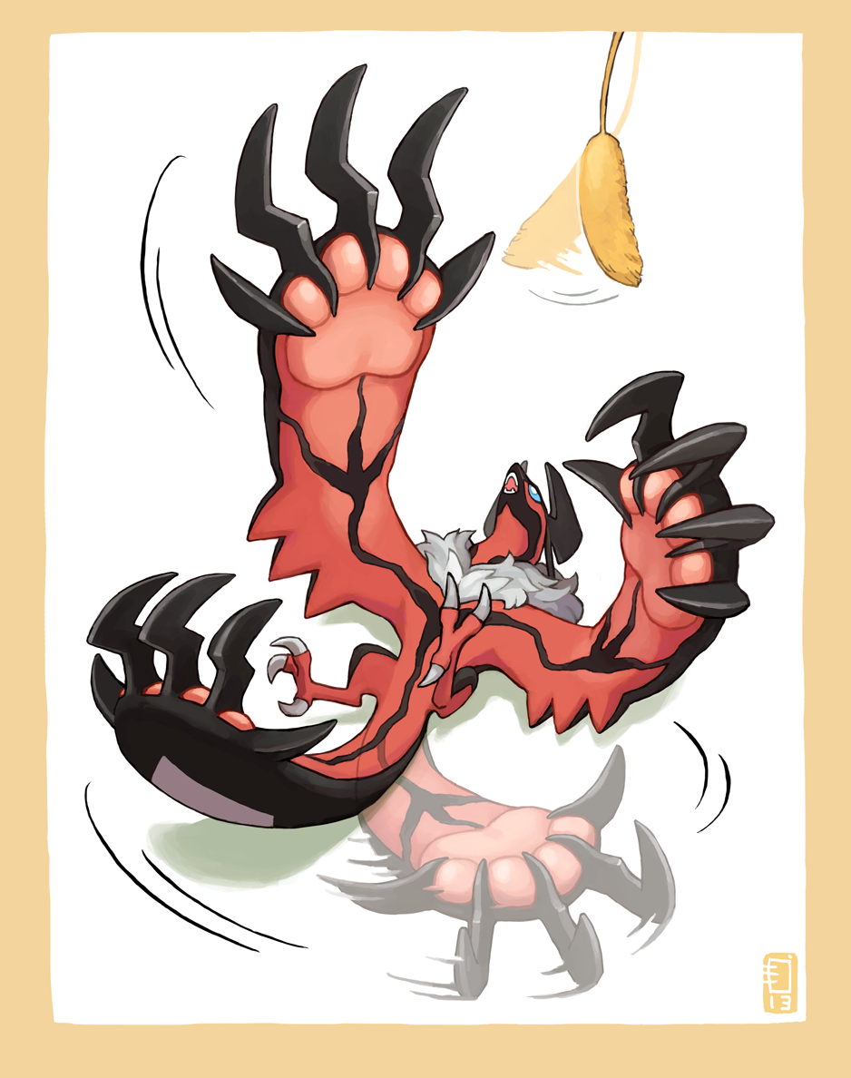 10s afterimage blue_eyes border cat_teaser claws emlan gen_6_pokemon legendary_pokemon lying motion_lines nintendo no_humans on_back open_mouth pawpads pokemon pokemon_(creature) pokemon_xy solo tail tail_wagging yveltal