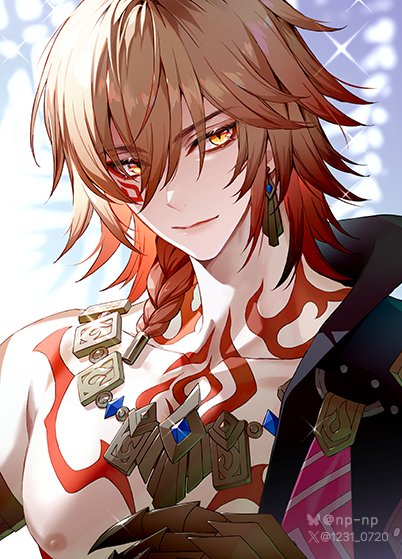 1boy artist_name bishounen black_coat blonde_hair bluesky_username braid chest_tattoo clawed_gauntlets coat commentary_request earrings facial_tattoo gold_earrings gold_necklace gradient_hair hair_between_eyes honkai:_star_rail honkai_(series) jewelry korean_commentary looking_at_viewer male_focus medium_hair multicolored_hair mydei_(honkai:_star_rail) necklace np_(1231_0720) open_clothes red_hair red_tattoo side_braid smile solo tattoo twitter_username upper_body yellow_eyes
