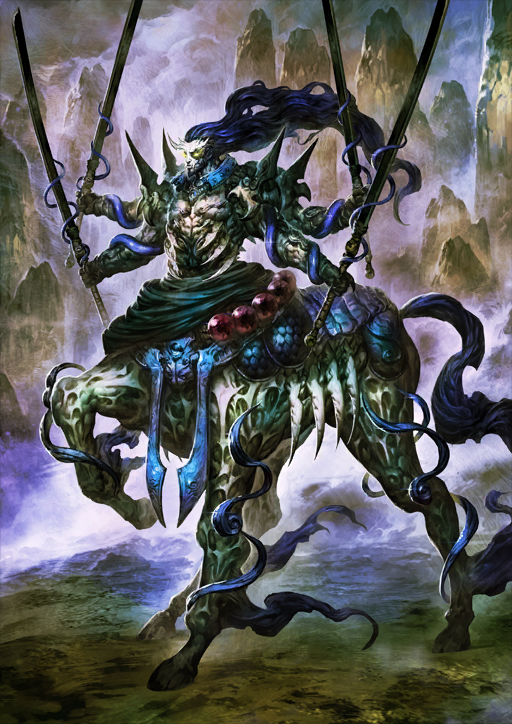 1boy beads blue_hair centaur dannoura_yuuki dual_wielding extra_arms fangs fate/grand_order fate_(series) floating_hair full_body game_cg holding holding_sword holding_weapon horns long_hair male_focus monster_boy official_art pectorals solo standing sword taur third-party_source tusks variant_set very_long_hair weapon xiang_yu_(fate)