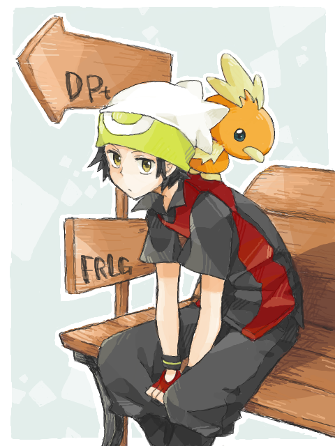 00s 1boy bench between_legs black_hair brendan_(pokemon) brendan_(pokemon_emerald) child fingerless_gloves gen_3_pokemon gloves green_eyes hand_between_legs hat male_focus nagase_(tegaki) nintendo pokemon pokemon_(creature) pokemon_rse signpost sitting tegaki torchic yellow_eyes