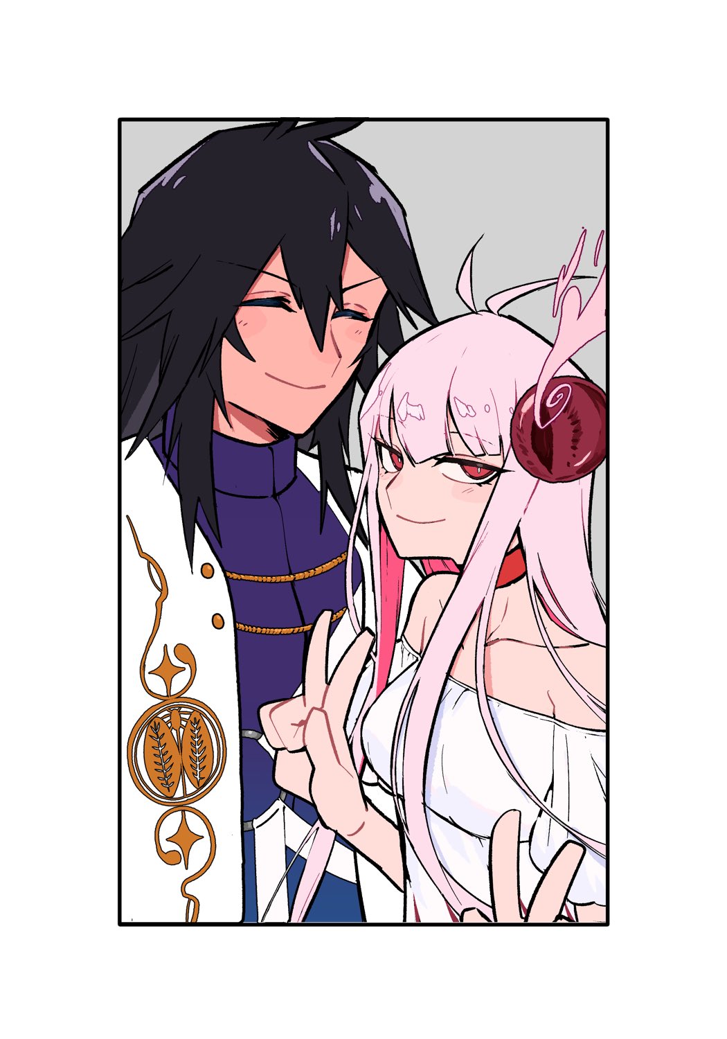 1boy 1girl ahoge black_hair coat double_v dress closed_eyes fate/grand_order fate_(series) hacco_mayu highres long_hair oryou_(lancer)_(fate) pink_eyes pink_hair sakamoto_ryouma_(lancer)_(fate) smile v white_coat white_dress