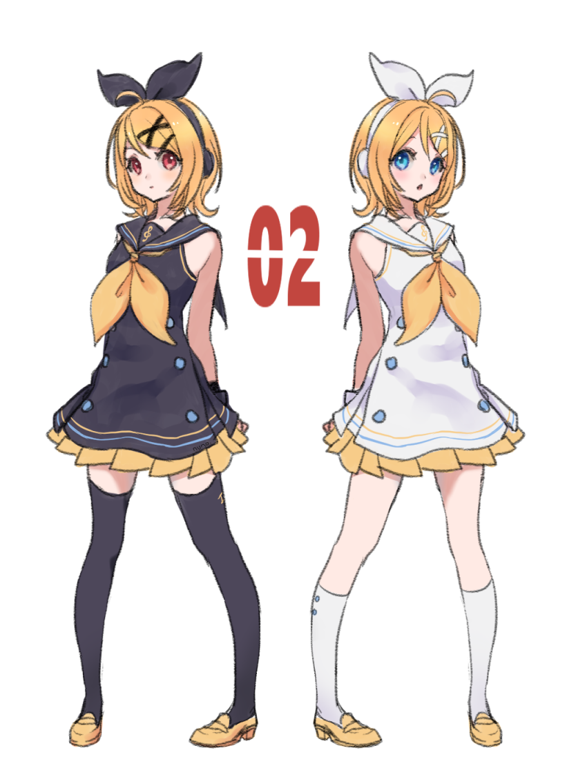 2girls bare_arms bare_shoulders black_dress black_ribbon black_sailor_collar black_socks blonde_hair blue_eyes blush closed_mouth dress dual_persona frilled_dress frills hair_ornament hair_ribbon hairclip headphones kagamine_rin kneehighs loafers multiple_girls neckerchief nuno_(pppompon) orange_neckerchief parted_lips red_eyes ribbon sailor_collar sailor_dress shoes simple_background sleeveless sleeveless_dress socks sour_model_(mikumikudance) thighhighs treble_clef vocaloid white_background white_dress white_legwear white_ribbon white_sailor_collar x_hair_ornament yellow_shoes