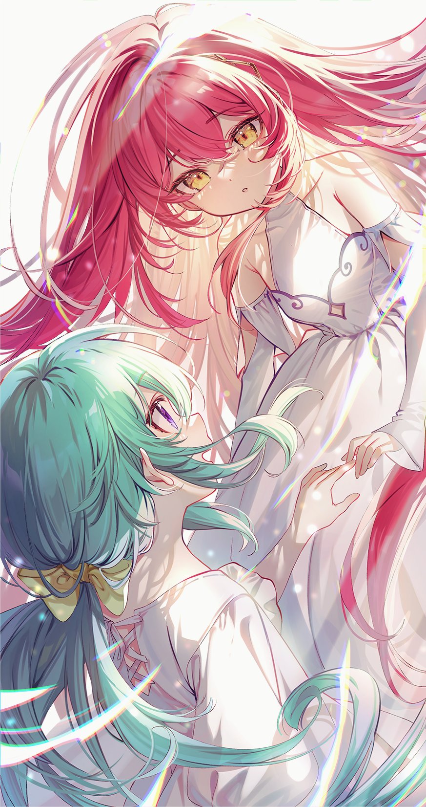 1boy 1girl boukyaku_seijo bow detached_sleeves dress eile_rishtark green_hair hair_bow highres long_hair long_sleeves looking_at_another mariabelle_(boukyaku_seijo) novel_illustration official_art open_mouth outstretched_hand parted_lips pink_hair ponytail purple_eyes second-party_source shuri_(84k) simple_background sleeveless sleeveless_dress trap white_background yellow_eyes