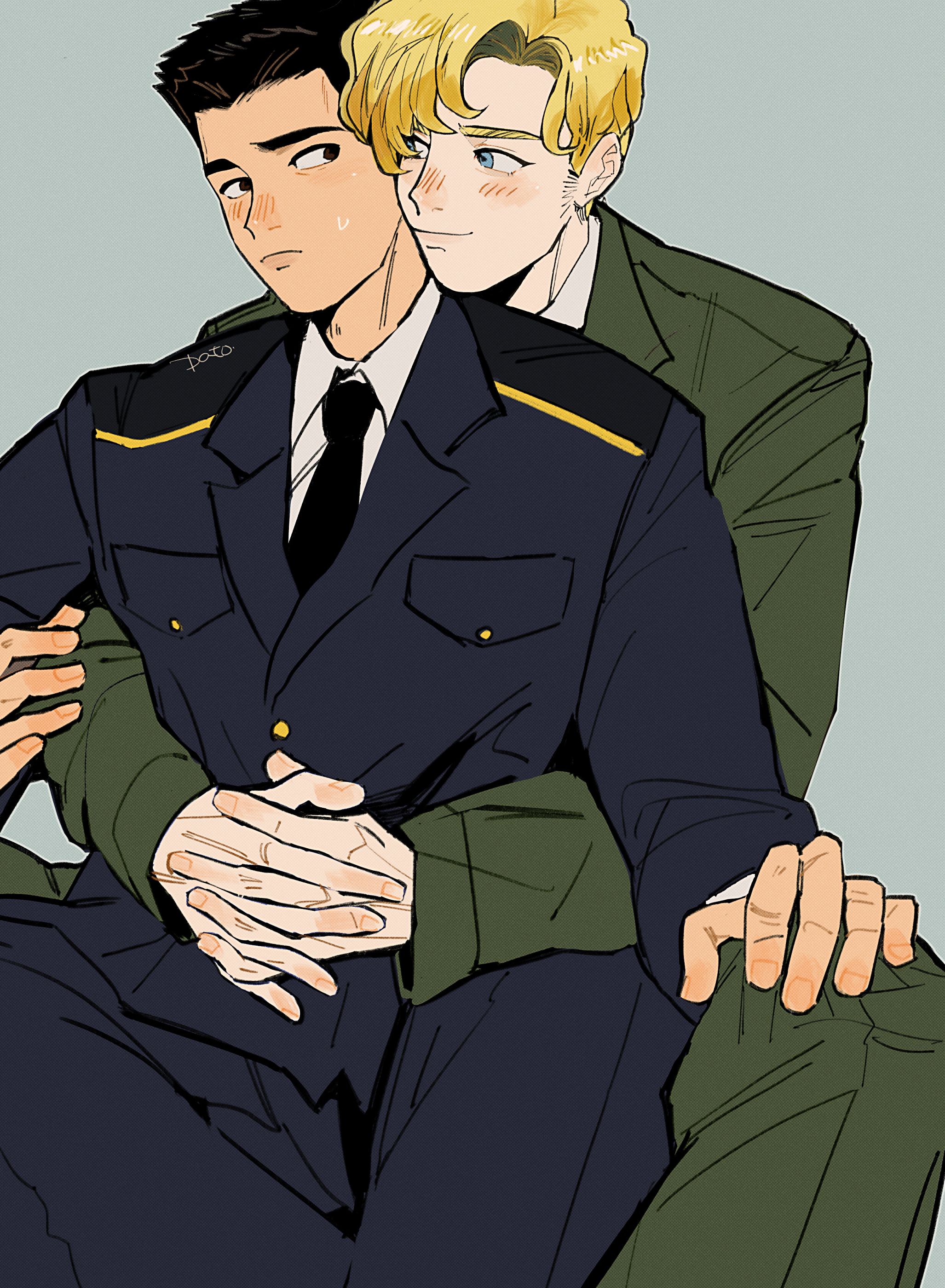 2boys absurdres ao_isami black_hair blonde_hair blush couple eye_contact facial_hair happy heads_together highres hug hug_from_behind ice_nomu interracial lewis_smith looking_at_another male_focus medium_sideburns military_uniform multiple_boys nose_blush pants sideburns_stubble sitting smile stubble thick_eyebrows yaoi yuuki_bakuhatsu_bang_bravern