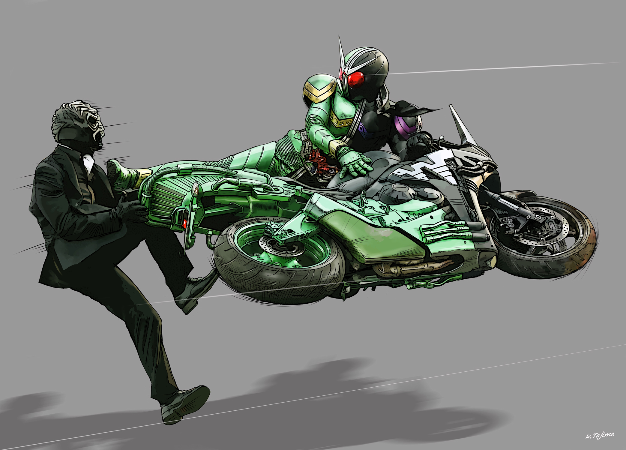 2boys armor battle black_armor black_footwear black_mask black_pants black_suit commentary_request compound_eyes dias_(tajima_kouki) double_driver formal_clothes full_body green_armor grey_background highres kamen_rider kamen_rider_double kamen_rider_w kicking long_sleeves looking_at_another mask motor_vehicle motorcycle multiple_boys on_motorcycle pants partial_commentary red_eyes rider_belt shoulder_armor simple_background suit unused_tire v-fin