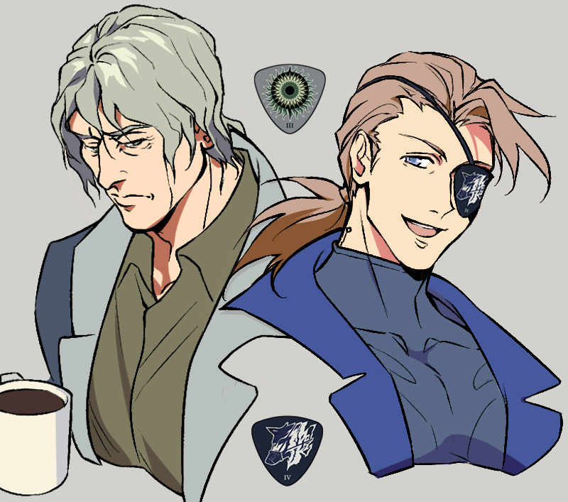 2boys armored_core armored_core_vi:_fires_of_rubicon blue_bodysuit blue_eyes blue_jacket bodysuit bodysuit_under_clothes brown_hair brown_shirt coffee coffee_mug collared_shirt cropped_shoulders cup dress_shirt eyepatch forehead grey_background grey_eyes grey_hair grey_jacket jacket lapels logo low_ponytail male_focus mug multiple_boys notched_lapels one_eye_covered ponytail refus shirt simple_background suit_jacket swept_bangs v.iii_o&#039;keeffe v.iv_rusty