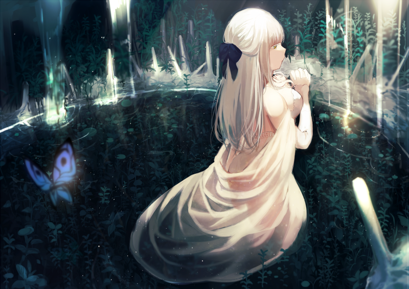 achiki blue_bow bow bug butterfly dress gloves grey_hair hime_cut in_water insect kneeling looking_ahead original plant pond praying shawl water wet wet_clothes white_dress white_hair