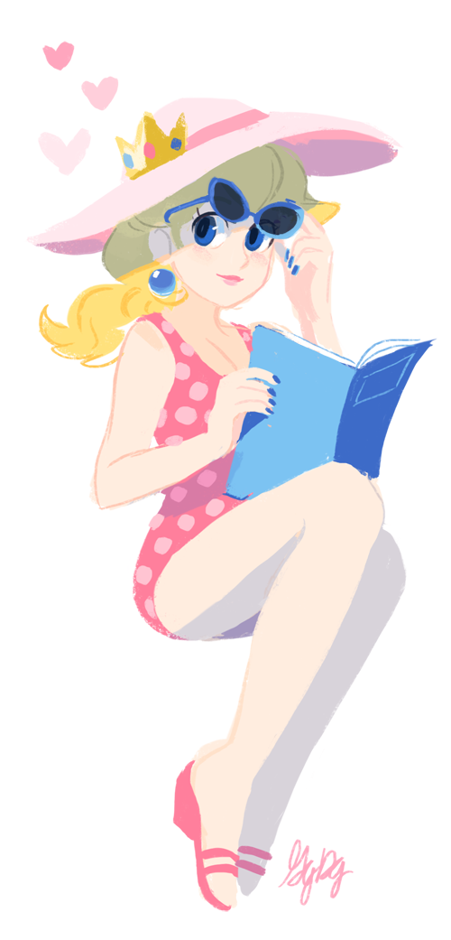 blonde_hair book earrings eyewear_on_head gigi_d.g. hat invisible_chair jewelry mario_(series) nail_polish nintendo one-piece_swimsuit pink_hat pink_one-piece_swimsuit pink_sandals princess_peach sandals simple_background sitting solo source_request sphere_earrings sun_hat sunglasses sunglasses_on_head swimsuit white_background white_hat