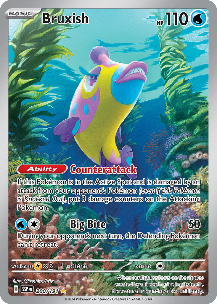 animal_focus arita_mitsuhiro artist_name bruxish card_(medium) character_name company_name copyright_name copyright_notice coral english_text eyelashes fish full_body gen_7_pokemon half-closed_eyes nintendo no_humans official_art p-chan_(p90) pink_eyes pink_lips pokemon pokemon_(creature) pokemon_card pokemon_focus pokemon_tcg seaweed sharp_teeth solo teeth third-party_source trading_card underwater