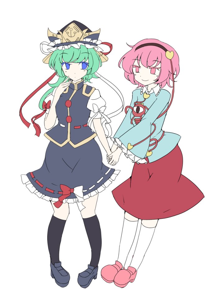 2girls asymmetrical_hair black_hairband black_shoes black_skirt black_socks blue_eyes blue_shirt commentary epaulettes frilled_hat frills full_body green_hair hairband hat heart jyaoh0731 komeiji_satori long_sleeves looking_at_another multiple_girls pink_eyes pink_hair pink_shoes red_skirt ribbon-trimmed_skirt ribbon_trim shiki_eiki shirt shoes short_hair short_sleeves simple_background skirt socks third_eye touhou white_background white_socks yuri