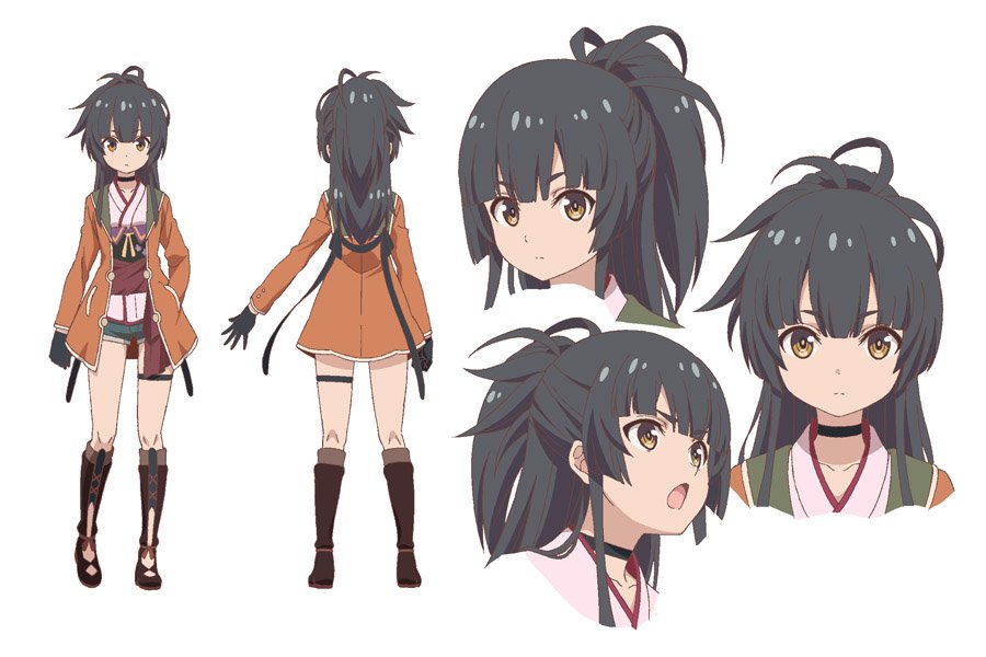 1girl black_gloves black_hair gloves grimms_notes grimms_notes_the_animation japanese_clothes kawashima_hisashi long_hair multiple_views official_art open_mouth outstretched_arm ponytail shane_(grimms_notes) simple_background white_background yellow_eyes