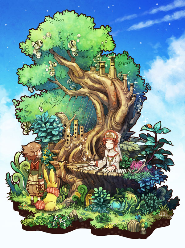 1boy 1girl artist_name bell blue_sky branch brown_hair bug closed_eyes commentary_request day diorama fantasy flower fujiwara_(fujiwara43) grass hat insect instrument jingle_bell keyboard_(instrument) ladybug leaf long_sleeves medium_hair music nature open_mouth organ_(instrument) original outdoors pipe_organ plant playing_instrument puffy_shorts rabbit scenery shorts sitting sky sparkle spiked_hair standing tree turtleneck wide_shot wide_sleeves yellow_fur |_|
