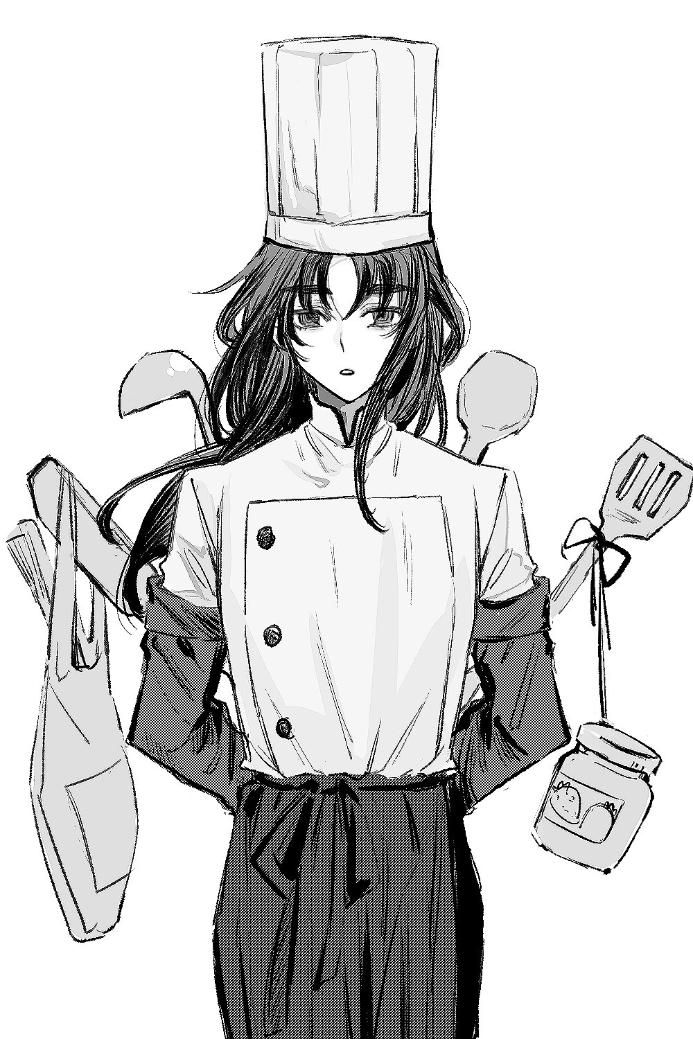 1boy :o apron arm_warmers arms_behind_back bag buttons chainsaw_man chef chef_hat cosplay cowboy_shot double-breasted falling_devil_(chainsaw_man) falling_devil_(chainsaw_man)_(cosplay) flat_top_chef_hat frying_pan greyscale hanging hat highres jacket jam jar kimi_ga_shine ladle long_hair long_sleeves looking_at_viewer male_focus monochrome pants parted_bangs pipoabubu plastic_bag satou_kai shopping_bag simple_background solo spatula spring_onion standing straight-on waist_apron white_background