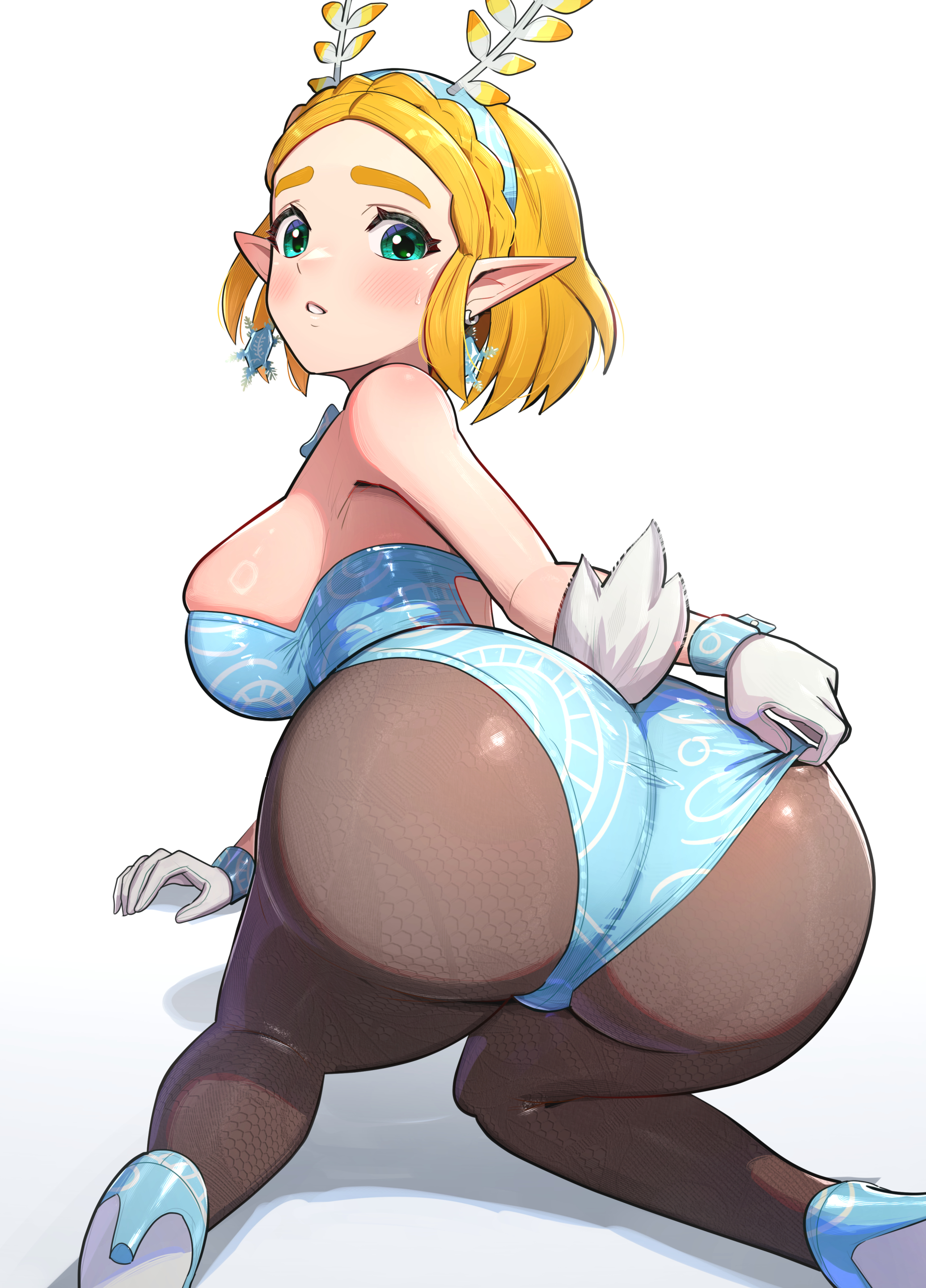 1girl absurdres adjusting_clothes adjusting_leotard alternate_costume ass black_pantyhose blonde_hair blupee blupee_(cosplay) blush braid breasts cosplay crown_braid earrings female_focus gloves gonzarez green_eyes high_heels highres huge_ass jewelry large_breasts leotard nintendo nontraditional_playboy_bunny pantyhose playboy_bunny pointy_ears princess_zelda rabbit_ears rabbit_tail short_hair solo tail the_legend_of_zelda the_legend_of_zelda:_tears_of_the_kingdom thick_eyebrows white_gloves