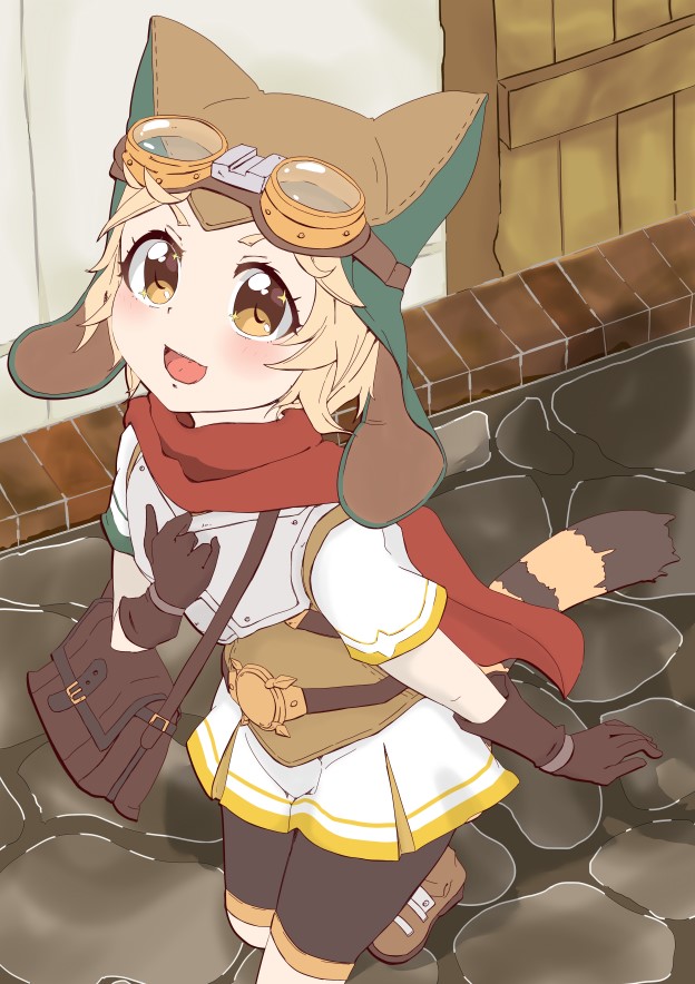 1girl arm_at_side armor bag belt bike_shorts blonde_hair blush breastplate brown_footwear brown_gloves cat_tail cobblestone commentary_request cygames day female_focus from_above gloves goggles goggles_on_head hand_on_own_chest hat hat_with_ears kebakebasan looking_at_viewer looking_up matsuri_(princess_connect!) open_mouth outdoors princess_connect! red_scarf road satchel scarf shirt short_hair short_sleeves solo street tail underbust untucked_shirt walking white_shirt wooden_door yellow_eyes