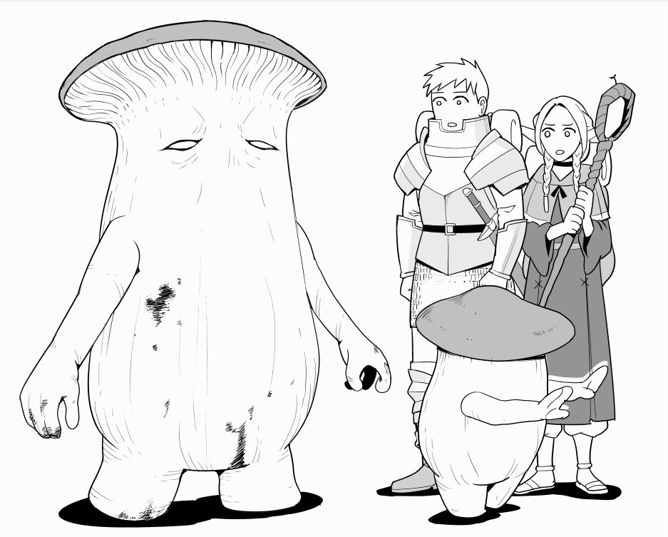 1boy 1girl ambrosia_(dungeon_meshi) armor backpack bag belt_pouch blood braid capelet choker commentary crossover d-n dark_souls_(series) dark_souls_i dungeon_meshi elf greyscale holding holding_staff hood hood_down hooded_capelet laios_touden long_hair long_sleeves marcille_donato monochrome mushroom_child mushroom_parent outstretched_arms pants parted_bangs plate_armor pointy_ears pouch robe sandals short_hair side_braid simple_background sprout staff standing surprised sword twin_braids walking weapon