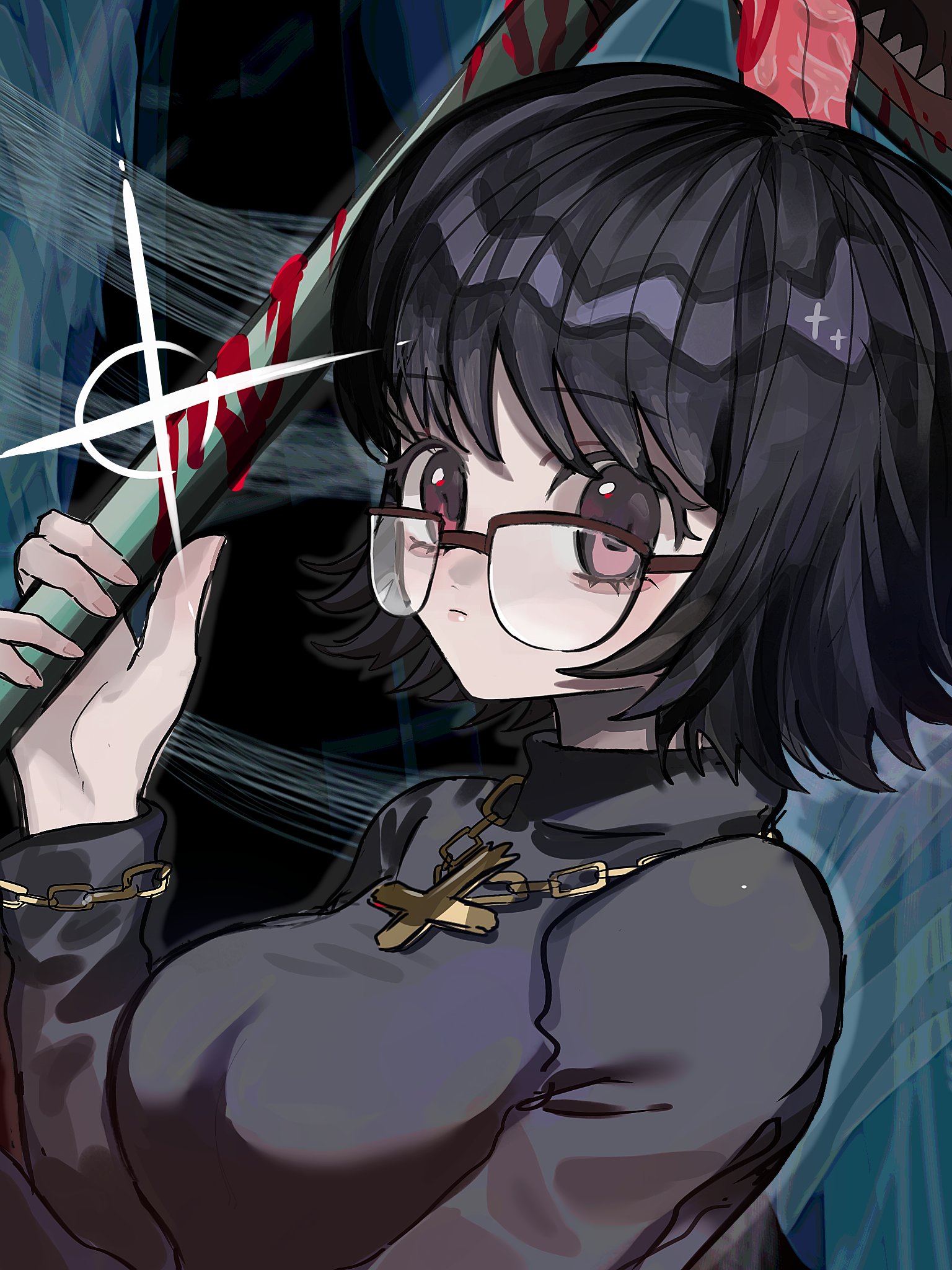 1girl black_hair black_sweater blinky_(hunter_x_hunter) blood breasts cross cross_necklace glasses highres hunter_x_hunter jewelry large_breasts looking_at_viewer medium_hair necklace purple_eyes shizuku_murasaki sweater turtleneck upper_body vacuum_cleaner ziyuuuuuuda