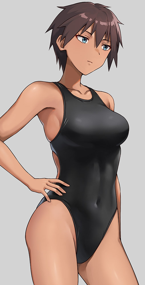 1girl black_hair black_one-piece_swimsuit blue_eyes breasts collarbone competition_swimsuit covered_navel dark-skinned_female dark_skin grey_background hand_on_own_hip hashi highleg highleg_one-piece_swimsuit medium_breasts one-piece_swimsuit original short_hair simple_background solo swimsuit tomboy