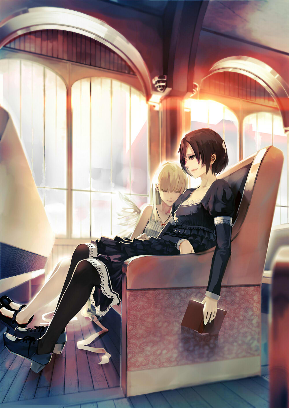 2girls a.r.k arch bare_shoulders black_eyes black_hair black_legwear blonde_hair book closed_eyes cross dogs:_bullets_&amp;_carnage dress fuyumine_naoto hair_over_one_eye highres jewelry lace lace-trimmed_skirt lace_trim long_hair multiple_girls necklace nill pantyhose short_hair sitting skirt sleeping slice_of_life sunlight white_legwear window wings wooden_floor