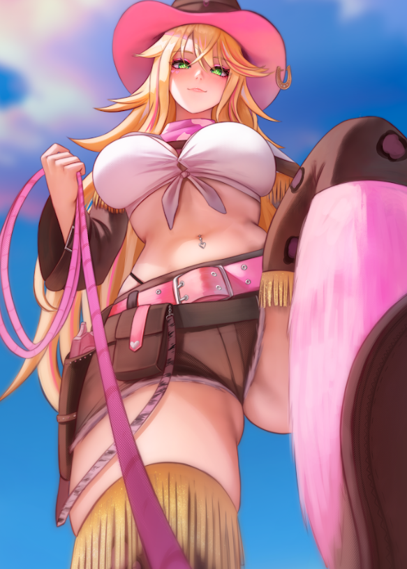 1girl ass bandana belt blonde_hair blue_sky boots breasts brown_boots brown_hair brown_shorts cloud cowboy_hat cowgirl_(western) gluteal_fold green_eyes hat highleg highleg_panties holding holding_leash large_breasts lazik_1337 leash long_hair looking_at_viewer lulu_lasso navel navel_piercing nexas_(vtuber) panties piercing pink_bandana pink_belt pink_leash pov second-party_source shirt short_shorts shorts sky smile solo thighhighs tied_shirt underwear viewer_on_leash virtual_youtuber white_shirt