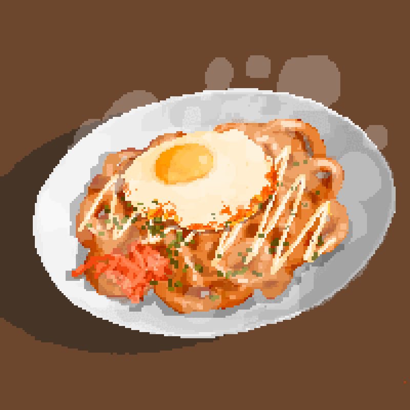egg_(food) egg_yolk food food_focus hisachan55cute no_humans noodles original pixel_art plate sauce seafood simple_background spring_onion steaming_food udon