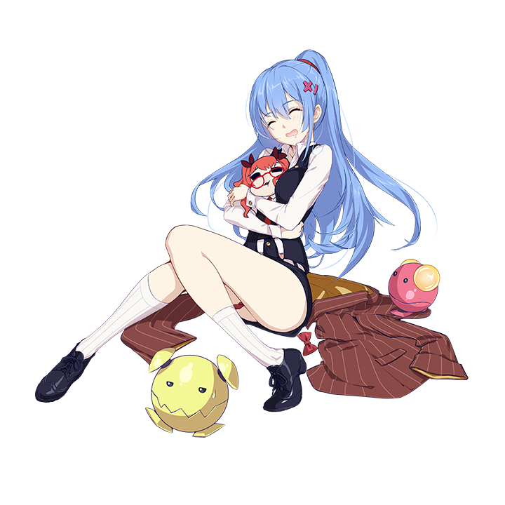 1girl asymmetrical_legwear black_shoes black_vest blue_hair breasts brown_jacket closed_eyes frederica_nikola_tesla full_body hair_ornament hairclip holding holding_stuffed_toy honkai_(series) honkai_impact_3rd hugging_object jacket long_hair mihoyo nancy_thomas_alva_edison official_art open_mouth pink_eyes red_hair robot shirt shoes socks solo stigmata stuffed_toy third-party_source transparent_background uneven_legwear unworn_jacket vest white_shirt white_socks